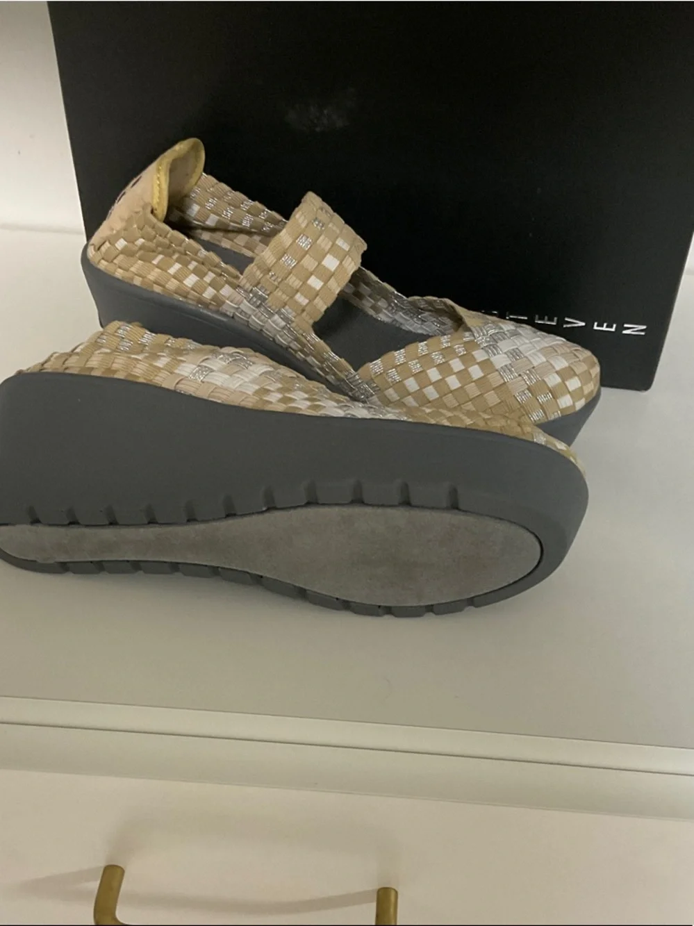 Steven By Steve Madden Beige and Silver Woven Mary Jane Wedges